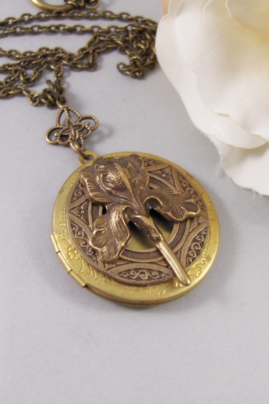 Brass Iris,Owl,Locket,Brass Locket,Brass Necklace,Iris,Brass,Floral,Antique Locket. Handmade jewelry by valleygirldesigns.