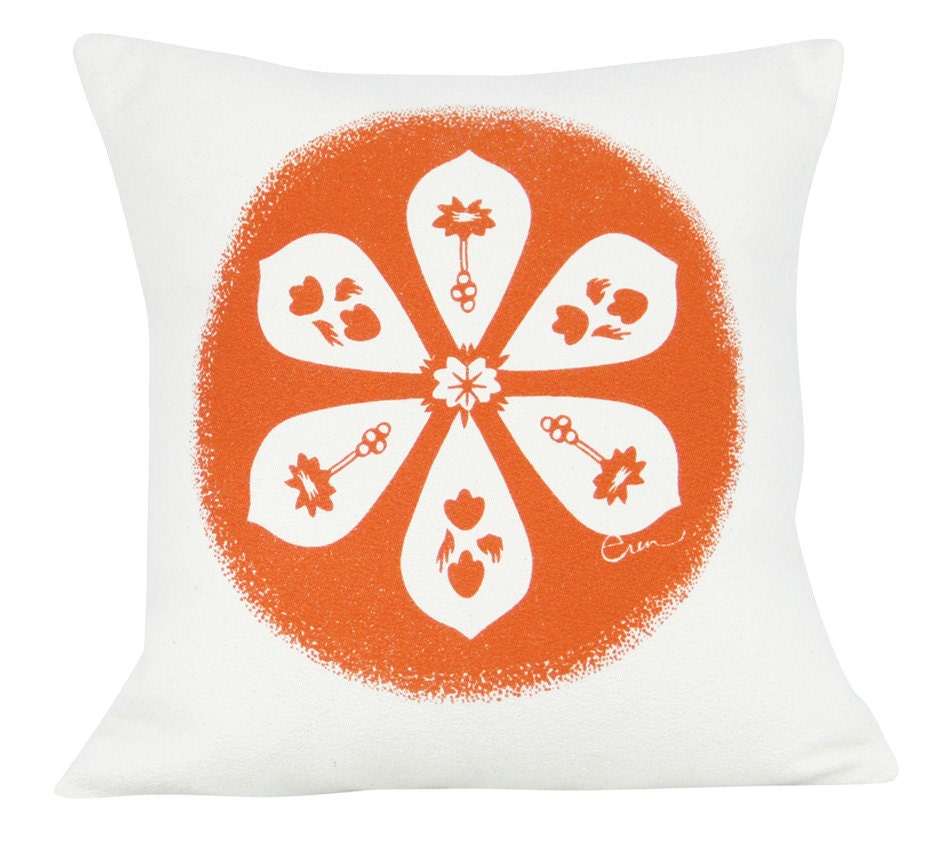 Decorative Pillow, Orange, Round Flower Graphic, Hand Screened on Cotton Bark Cloth, 15 inch