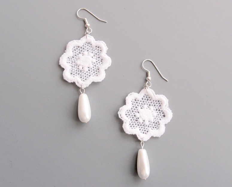 Lace Earrings - Margaux in White - Lace And Pearl Wedding Earrings - June Birthstone Jewelry