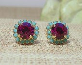 Turquoise & Hot Pink Swarovski crystal post earrings, Crystal stud earring, Bridesmaid gift