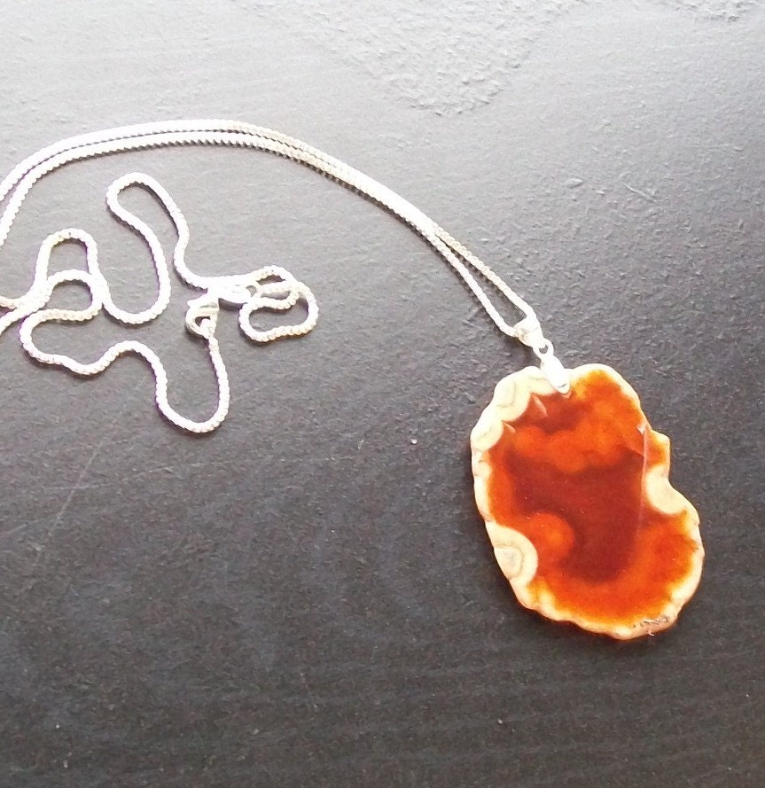 Dark Orange Agate Slice Necklace-Dark Orange, Light Orange, Cream, Translucent on Silver