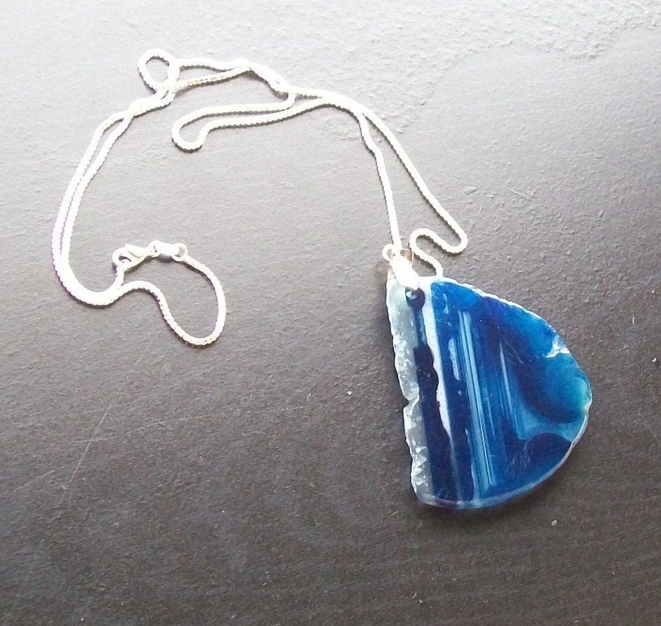 Royal Blue Agate Slice Necklace on Silver-Deep Royal Blue, Indigo Blue