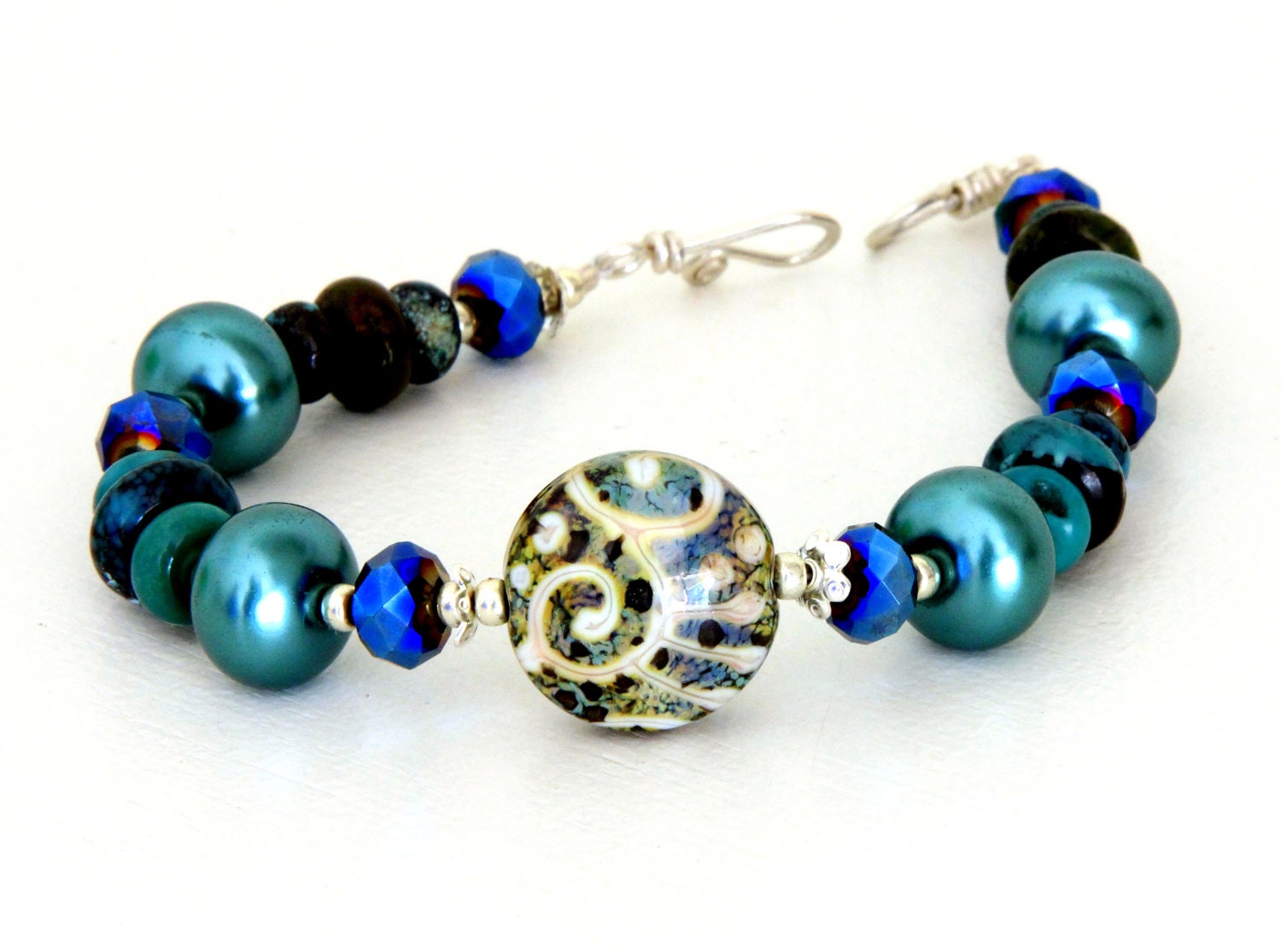 Midnight Blue Statement Bracelet. Artisan Glass Tribal Bead Bracelet. Handmade Scroll Bead. Ethnic or Gypsy Jewelry.