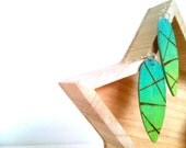 Turquoise Blue to Lime Green Ombre Shimmer Geometric Wood Island Earrings with Linear Pyrography Woodburned Designs