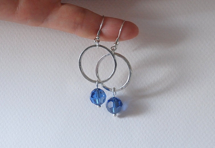 925 Sterling Silver Hammared  Circle Swarovski Crystal  Long Dangle Earrings