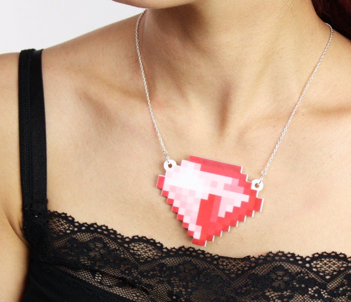 Retro Gamer Gem 8 Bit Necklace, Silver Plated Chain