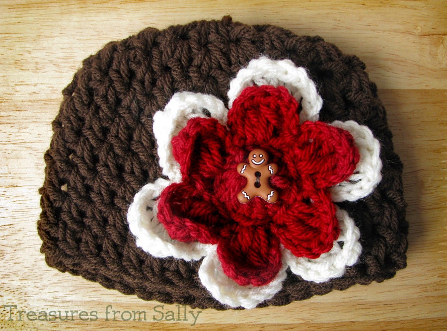 Brown Christmas Beanie Hat with Gingerbread Dual flower- Newborn, Baby, Toddler, Child and Adult Sizes