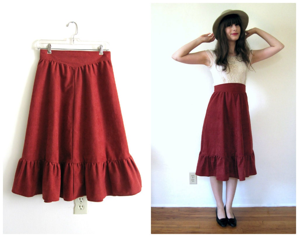 SALE Vintage 1970's Faux Suede Rust Midi Skirt // s
