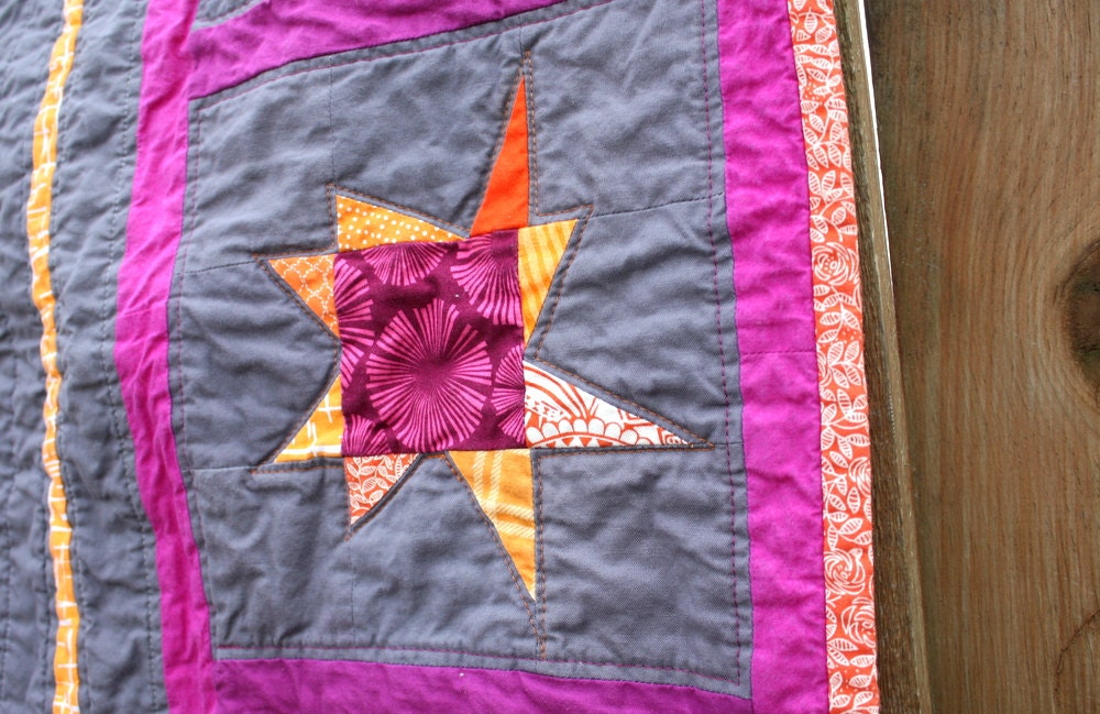 Stroller Quilt, Travel Blanket, Play Mat, Crib Quilt, Textile Wall Hanging in Orange, Pink and Gray Wonky Stars by Nstarstudio