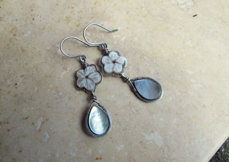 custom order for Michelle ,  Mother of pearl flower earrings in sterling
