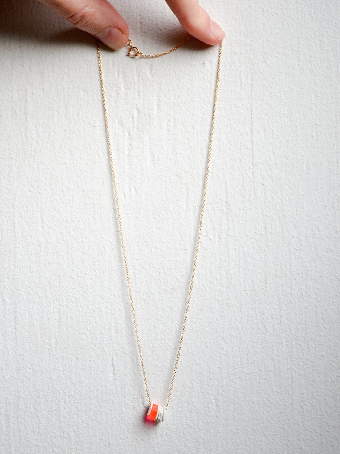 Geometric Porcelain Necklace - Hexagon Jewelry - White and Neon Pink