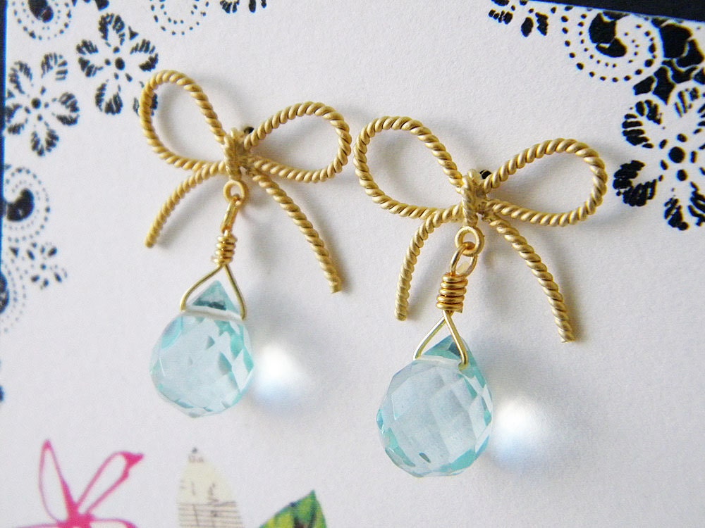 Aquamarine and ribbon post earrings - gold, sterling silver, wedding, bridesmaids gift, something  blue