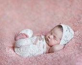 Bonnet and Romper or Pant Set. Newborn. Stretchy Lace Fabric. Ivory. Photograpy Prop. Fabric Bonnet.