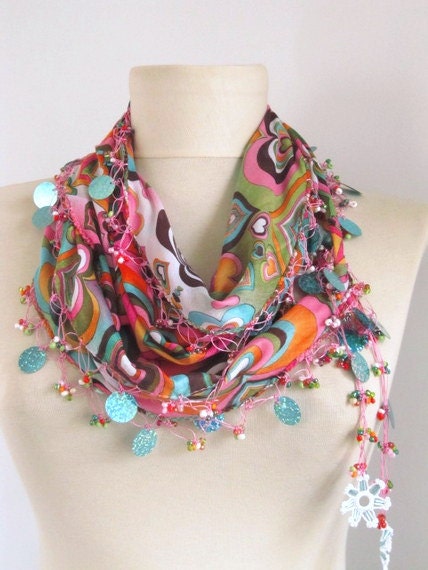 Hearts Multicolor Turkish Yemeni OYA Scarf ..authentic, romantic, elegant, fashion