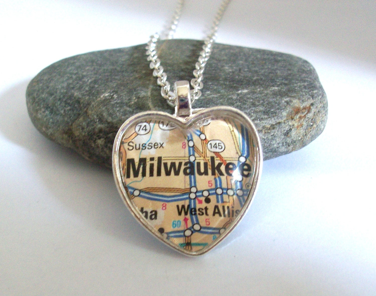 Milwaukee Map Necklace, Wisconsin Jewelry,  Heart Pendant with Chain