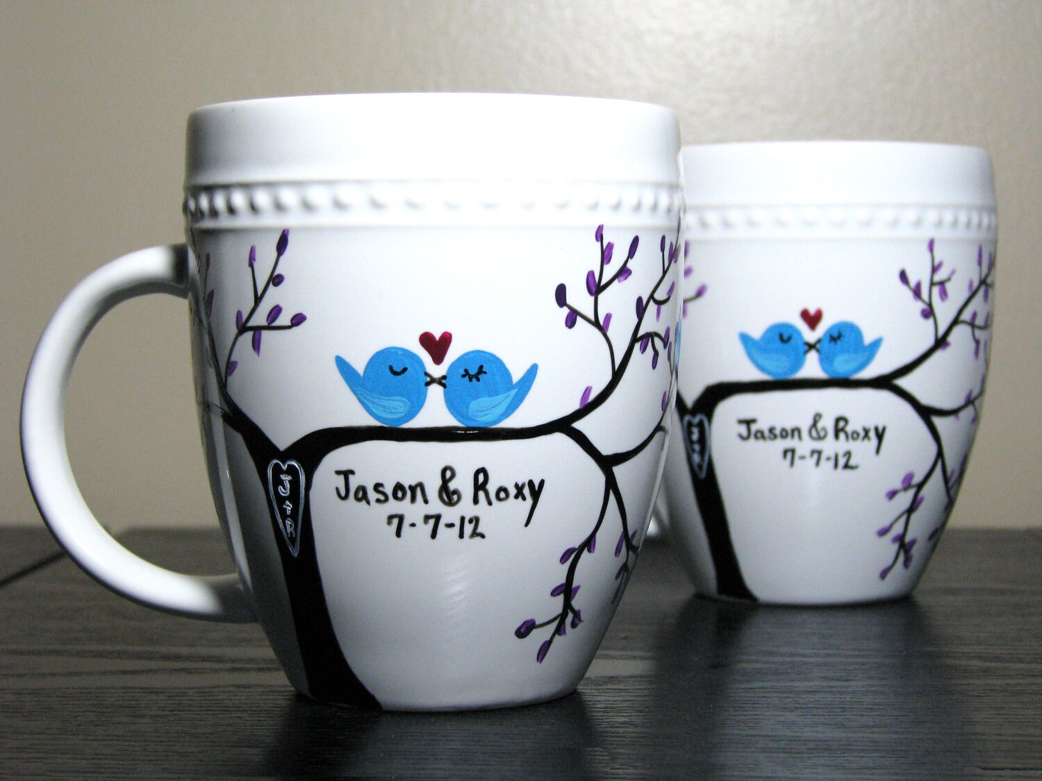 Personalized Coffee Mugs Painted Cups Love Birds Set of Two