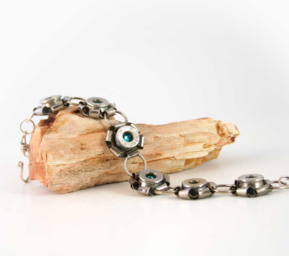 Bullet Bracelet, Nickel 45 ACP Casing Rosettes with Swarovski Crystals, Sterling Silver Links