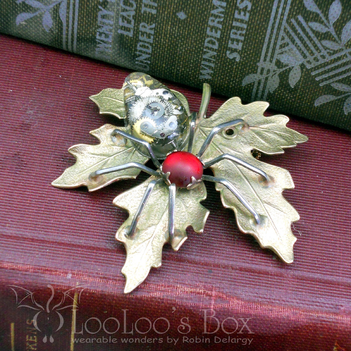 Steampunk SPIDER Brooch Pin Pendant ArachneMachina Gold Oak Leaf Brass Resin Red Rhinestone Pin0061 by Robin Delargy LooLoo's Box