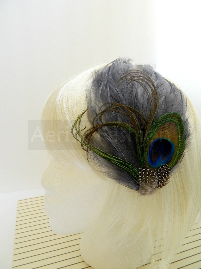 Peacock feather derby fascinator - Tara Design in Grey - CHOOSE headband, hair clip, or comb