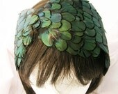 Emerald Green Iridescent feather fascinator  RICA design Bonnet over 80  pieces of feathers - Hollywood Regency Style