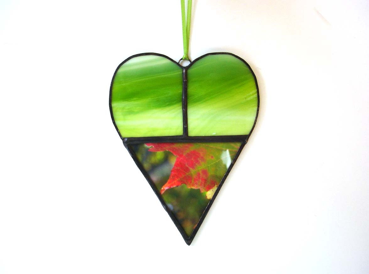 Love Autumn heart suncatcher, lime green, fall leaves, autumn home decor stained glass