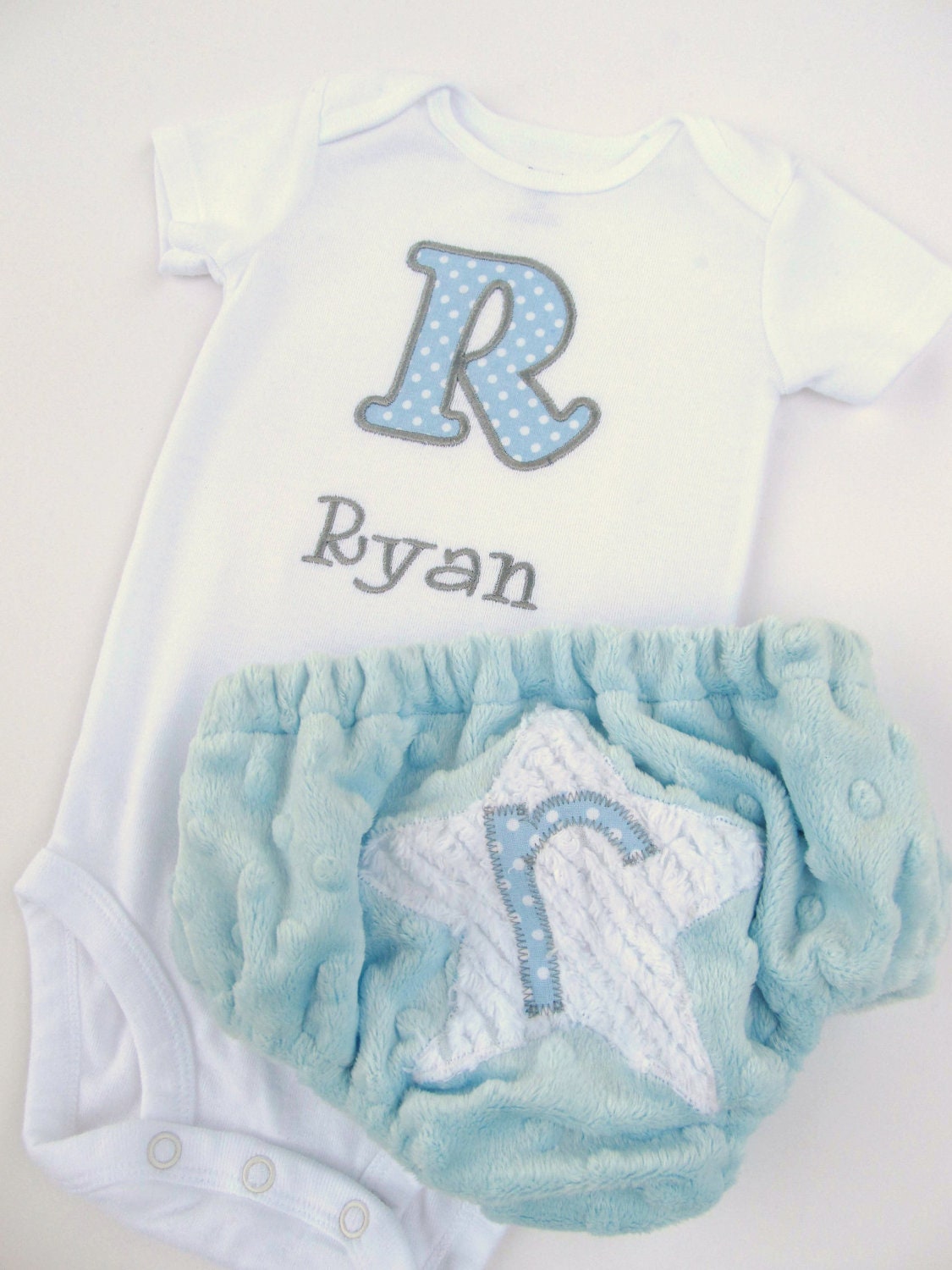 Personalized Embroidered Initial Onesie and Diaper Cover Set- Baby Boy onesie set- Minky Diaper Cover Set-- Any Fabric