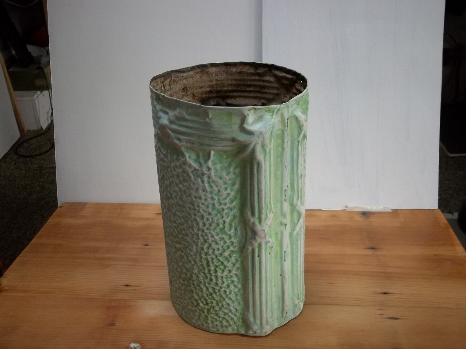 Hand formed LITE GREEN wastepaper basket in old tin
