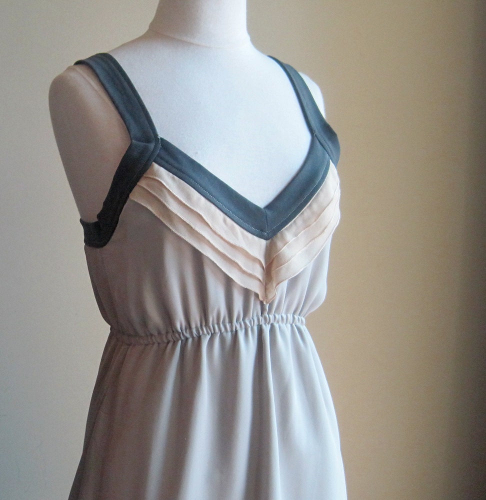 Grey minimal silk dress - geometric lines with deep v-neckline and zip up back - large