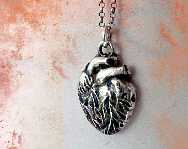 Anatomical Heart Necklace. Fine Silver Pendant on Sterling Silver Chain. Silver Anatomical Jewelry