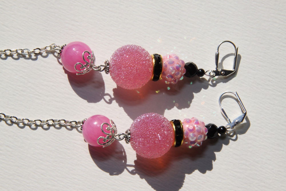 5" 1/2  Pink Bubble Jade, resin sugar, rhinestone , black glass, dangle, drop earrings