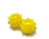 Lampwork Glass Beads Handmade Hollow Glass Lamp Work Bumpy Dot Bead Pair Yellow and Green