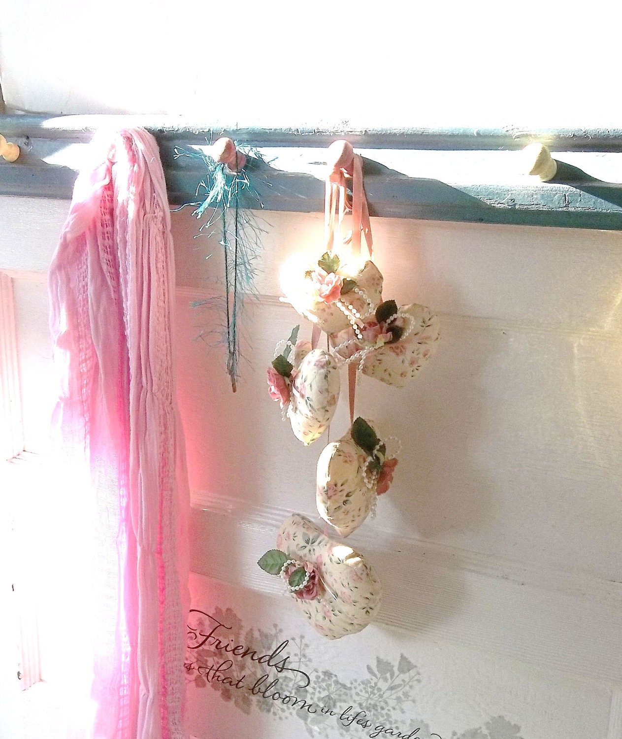 Shabby Rustic Antique  Wood Wall Hook. Chair Rail Old School House Style. Country Cottage Chic. Shabby Chic Teal Mauve Daffodil Yellow