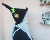 Women's crochet hat, Witch hat, black, neon yellow & mustard yellow spiders embroidered Holiday Fashion