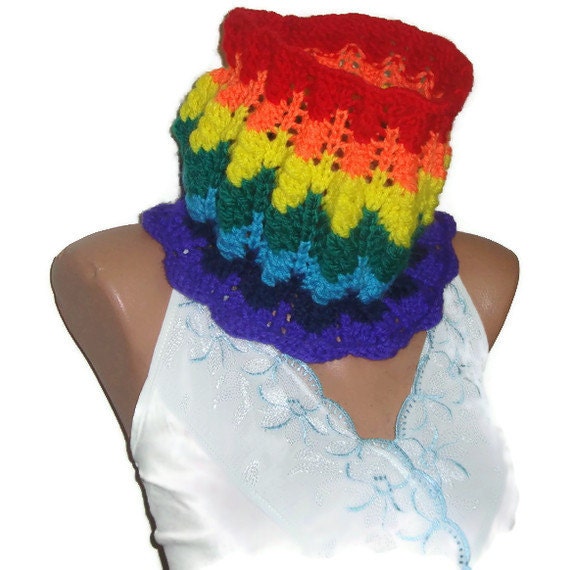 Hand Knit Scarf Womens Rainbow Cowl Scarf Neckwarmer in Purple, Bue, Green, Yellow, Orange, Red - Winter Accessories