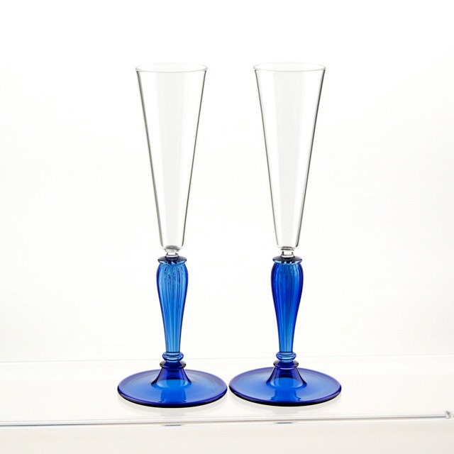 Champagne toasting glasses, Blue and Clear hand blown glass flutes