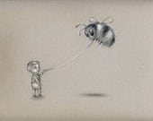 The Bumblebee Walker - Childhood Imagination series - original graphite and colored pencil drawing on pastel colored paper