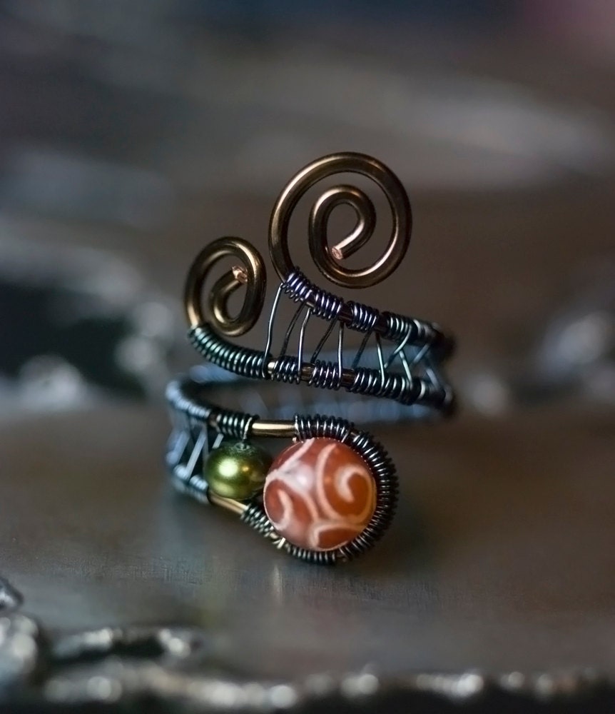 Red Jade Pearl Copper Wirework Ring - Handcarved Jade, Olive Green Peacock Freshwater Pearl, Vintage Bronze - "Red Sun Rising"