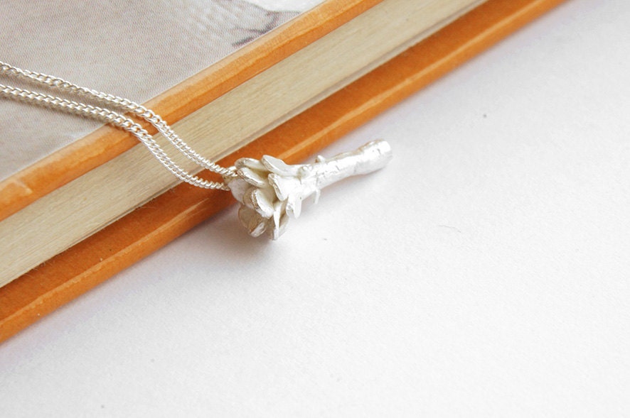 ROSA pendant - Infancia Series - Le Petit Prince inspired, silver, curb chain, white flower, 18", delicate, little prince, thorns