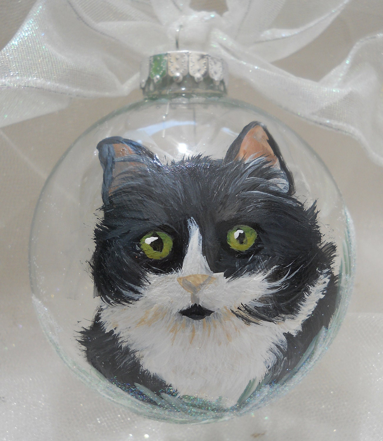 Black & White Cat Hand Painted Cat Ornament
