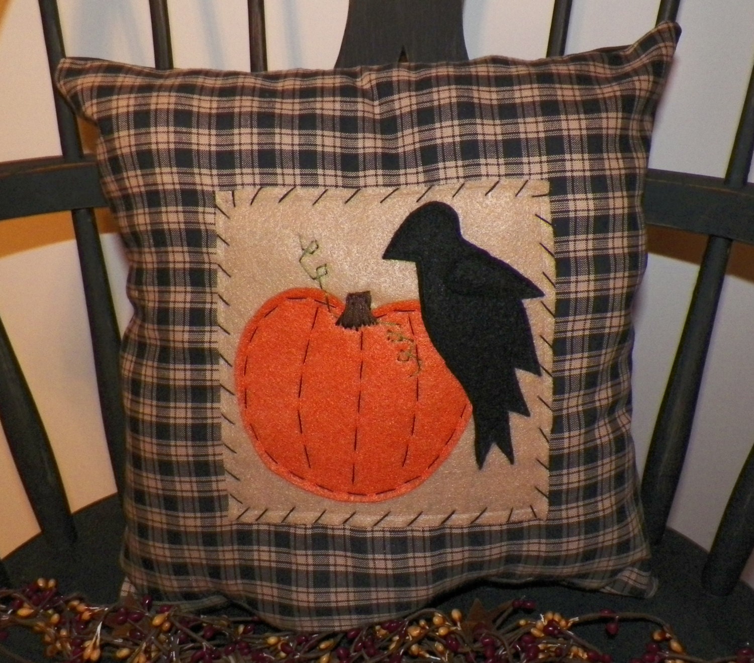 Fall Pillow Primitive Crow Pumpkin Decorative Autumn Harvest Stitched Country Home Decor Handmade UNSTUFFED Prim Rustic Accent Handmade
