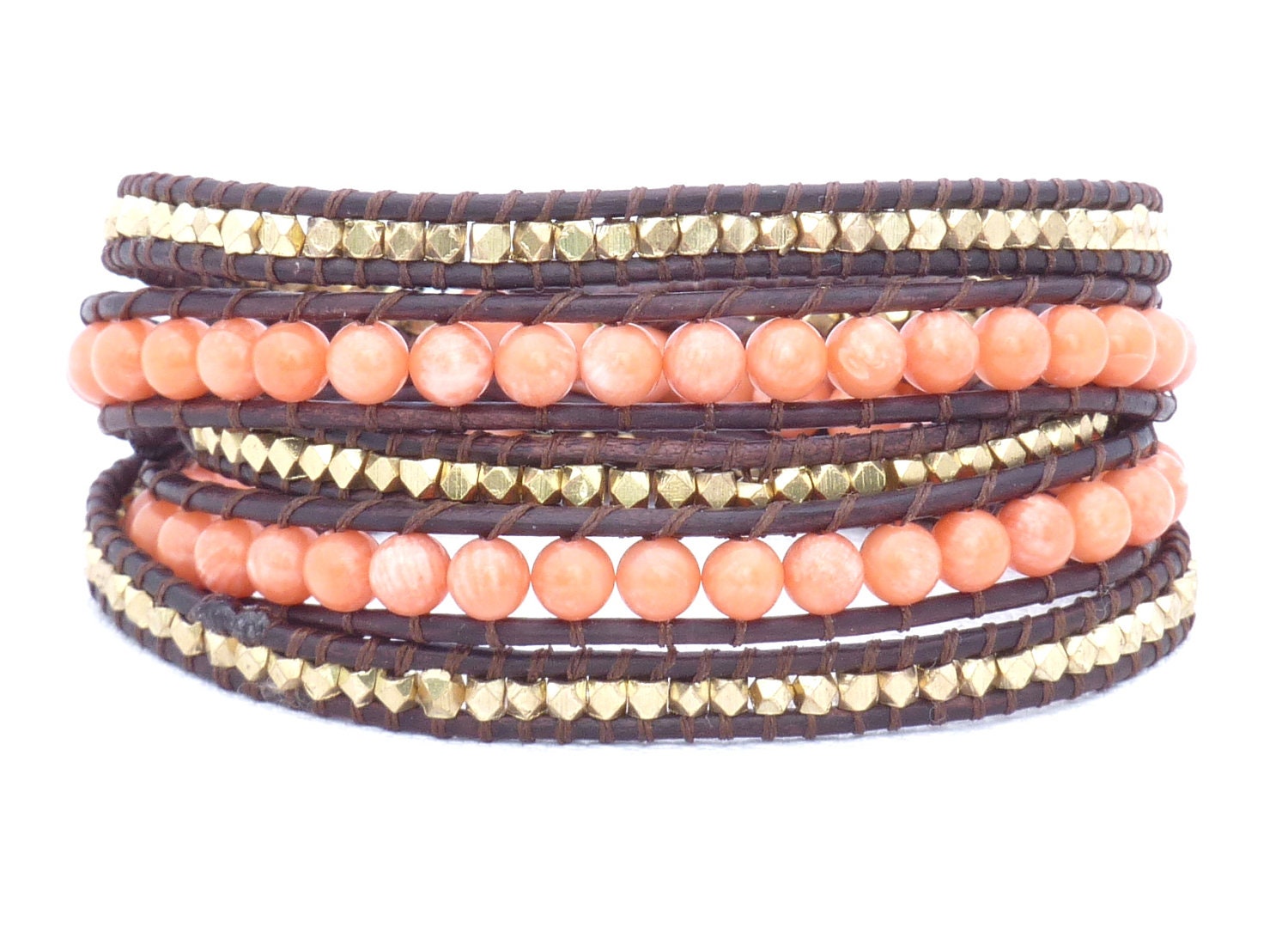 Salmon Coral and Brass Nuggets on Rustic Brown Leather Five Wrap Bracelet