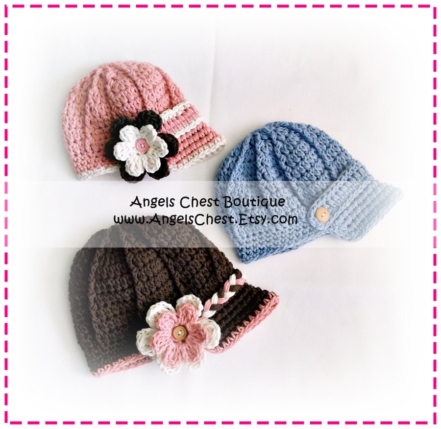 Crochet Newsboy Hat Beanie and Detachable Flower Boy and Girl SIZES Newborn to 4T - PDF Crochet Pattern No. 42 by AngelsChest