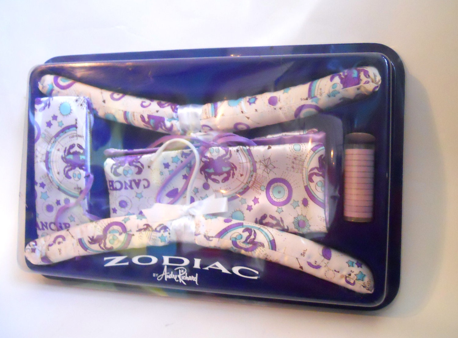 1970s Zodiac Cancer Design Closet or Travel Set Sachet Hangers Satin Bags
