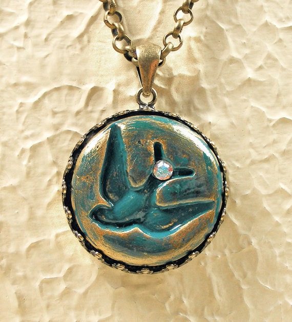 Teal Blue Dove Necklace, Crystal, Antiqued Brass Necklace, Teal Blue Bird, bird necklace, Italian clay pendant, cold porcelain clay