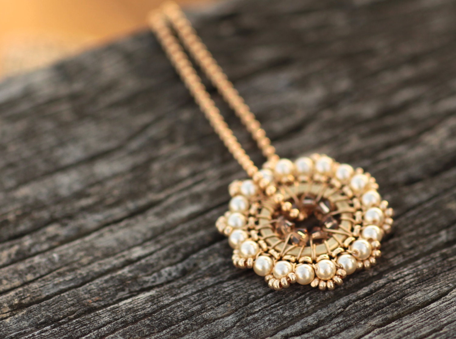 SALE - Bloom Necklace - Golden - Pendant, Beadwork, handmade, Necklace, Jewelry, Gifts, Weddings, Bridal Accessories