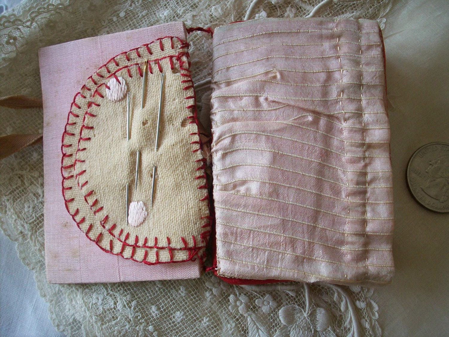 Antique small hand made victorian pincushion and needle case