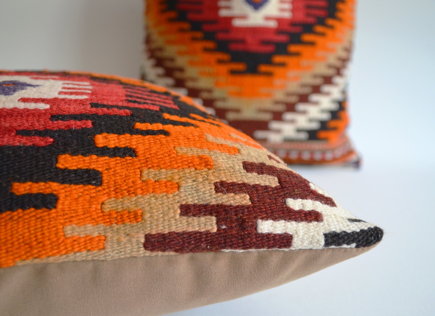 Sukan / SET (2 Piece) Vintage Hand Woven Kilim Pillows, Organic Modern Bohemian Throw Pillow.