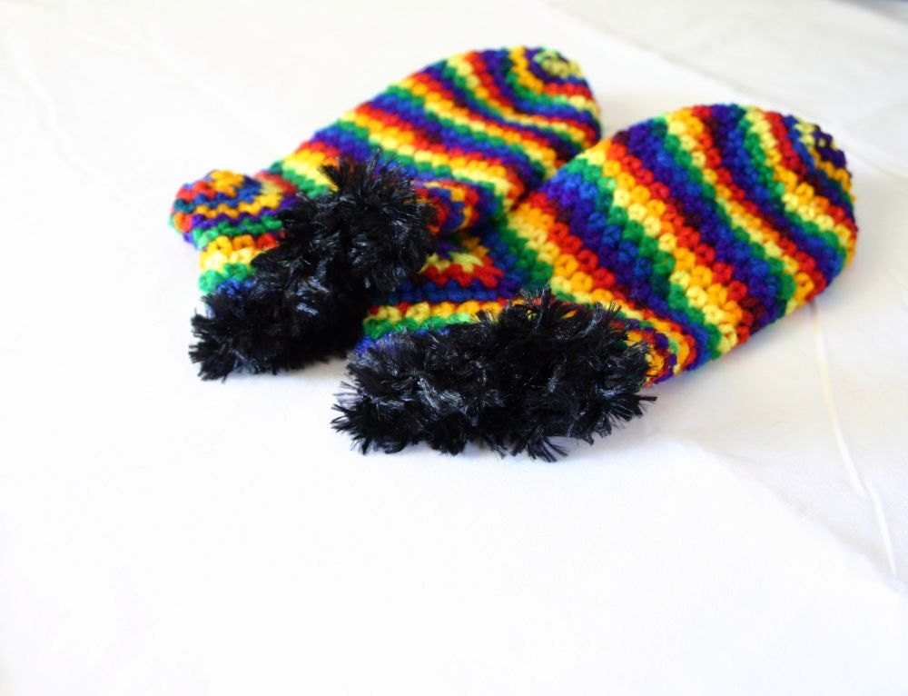 Crochet kid slippers rainbow black red orange yellow green blue purple socks feather trim striped variegated child thick washable