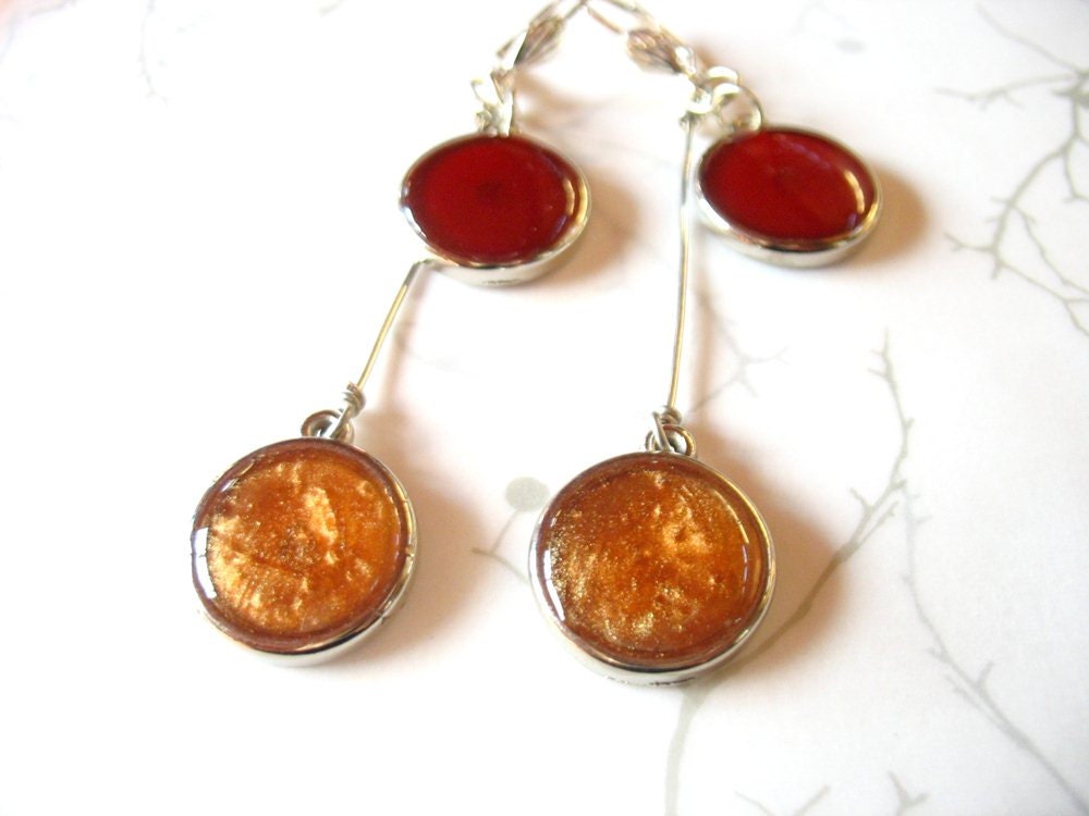 Red copper resin earrings jewelry , double silver disc dot earrings long dangle earrings Australia round twin double ear rings chandelier