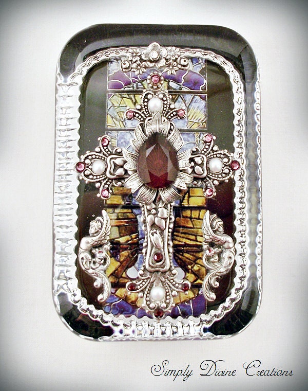 Made To Order- Paperweight, Jewelry For Your Desk, ORNATE CROSS Embellished Beaded Rectangle Glass Paperweight, Desk, Office, Home Decor
